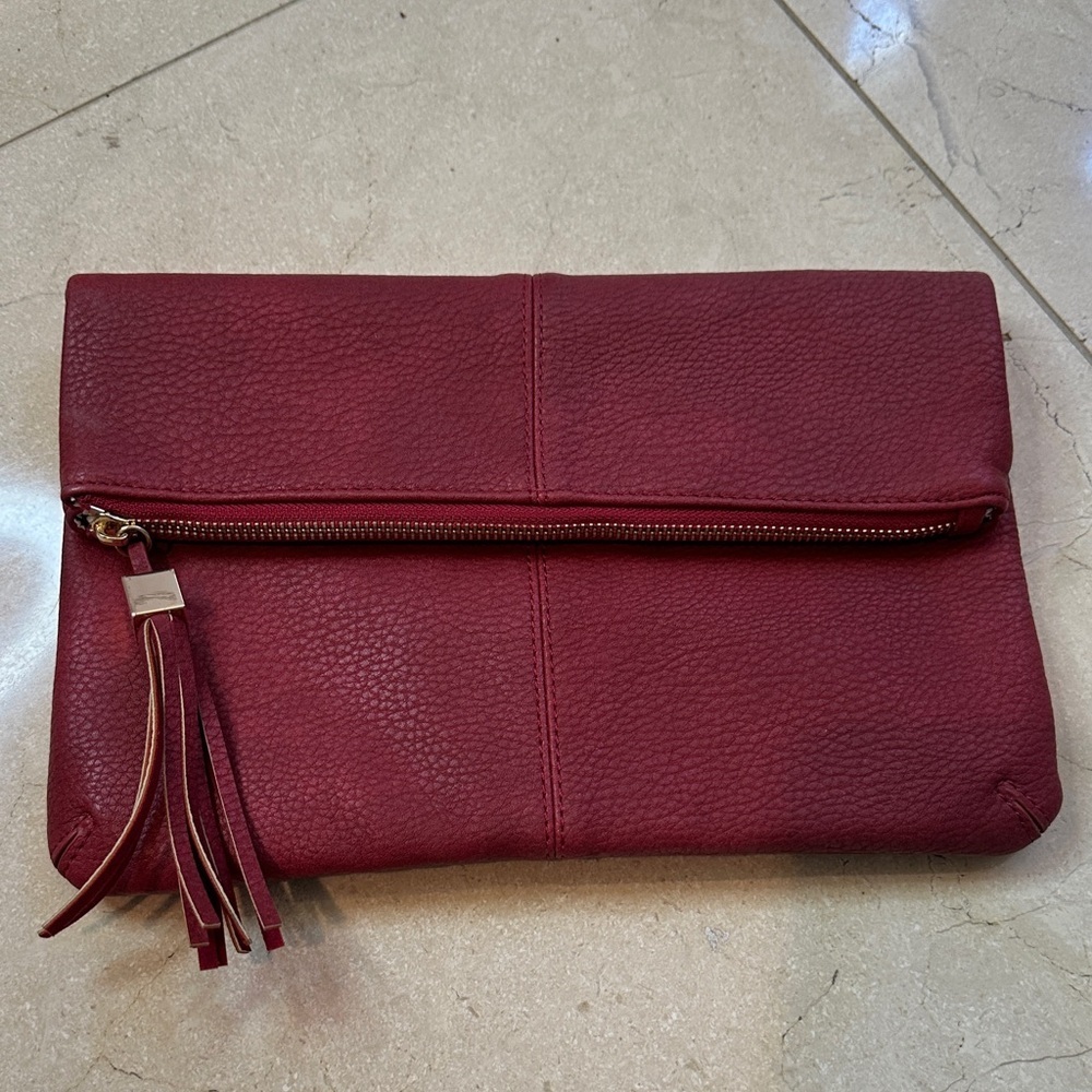 Red Foldover Clutch with Fringe Zipper